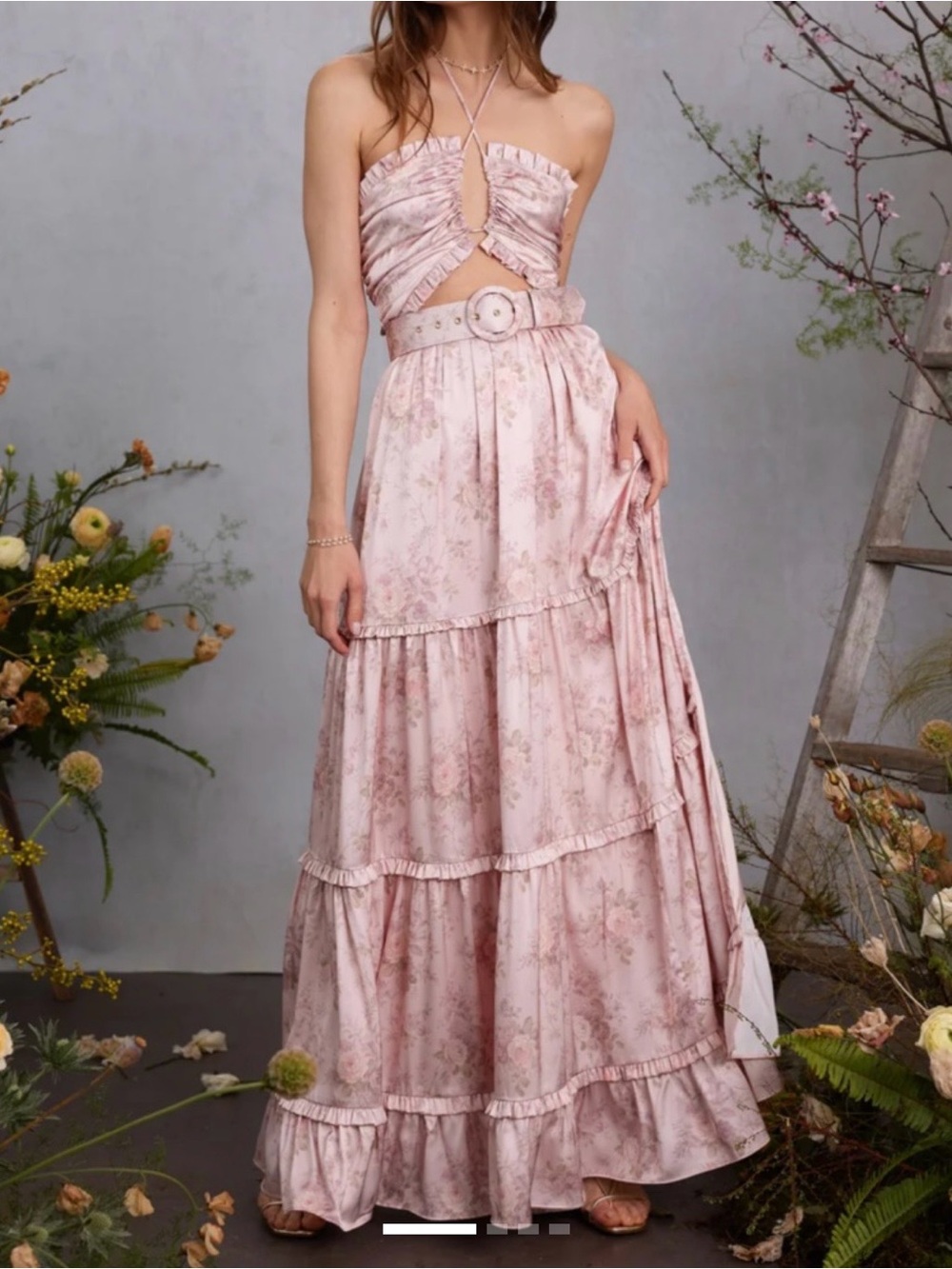 V. Chapman Blush Pink Floral Tiered Maxi Skirt with Belt